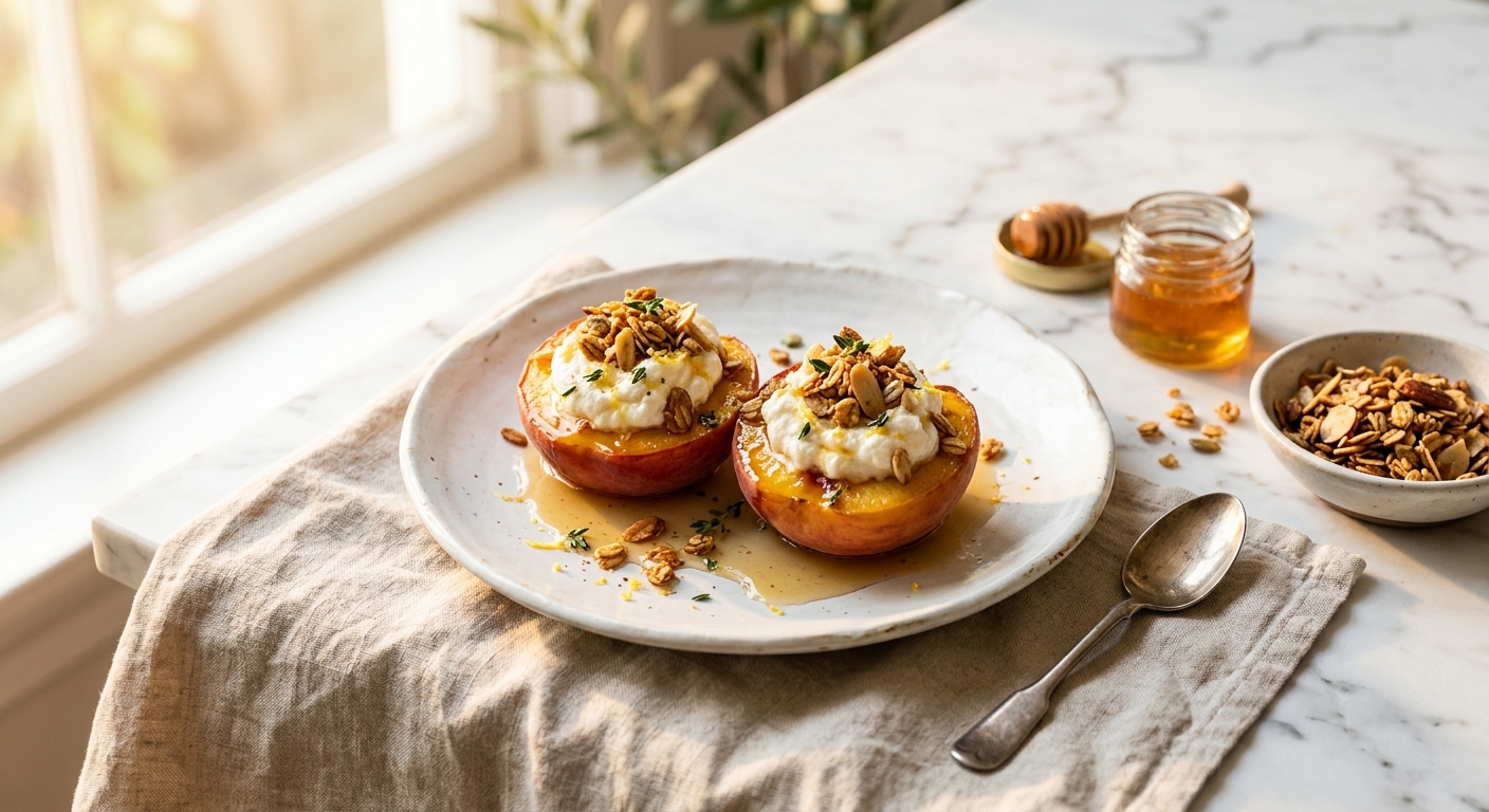 Baked Peaches, Almond Granola & Whipped Ricotta