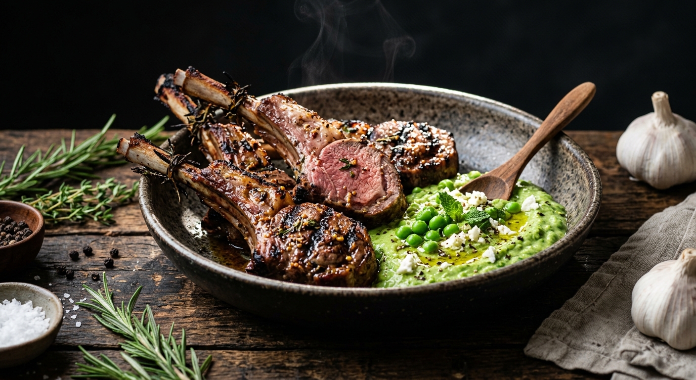Barbecue Lamb Cutlets with Creamy Pea Dip