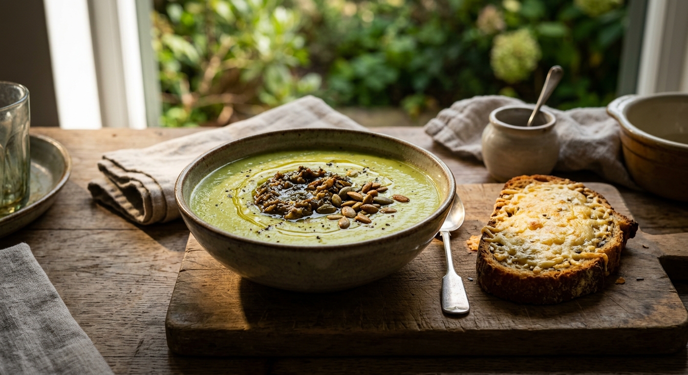 Courgette Soup with Forest Mushroom Pesto & Cheesy Toast