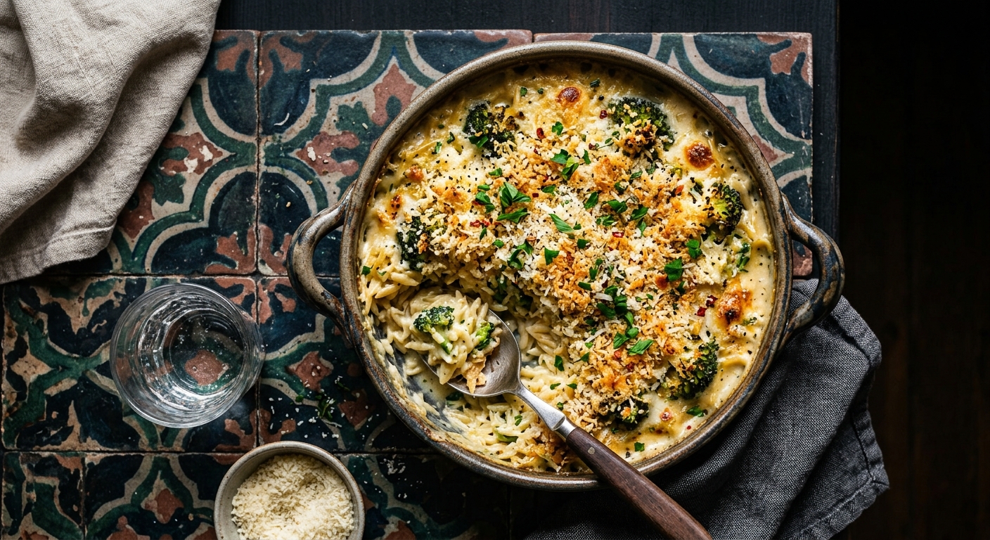 Creamy Baked Orzo with Broccoli and Crispy Cheese Topping