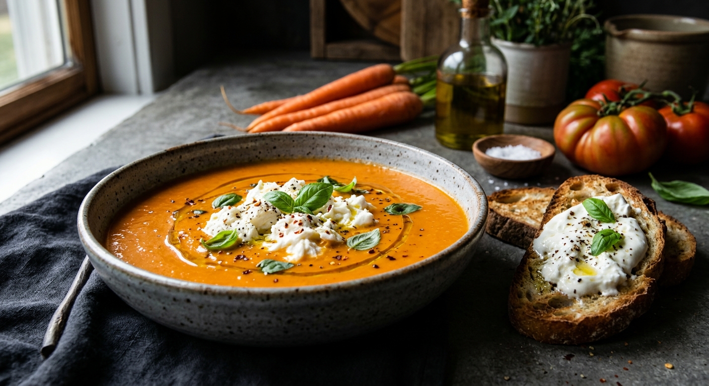 Creamy Carrot Tomato Soup with Burrata and Toast