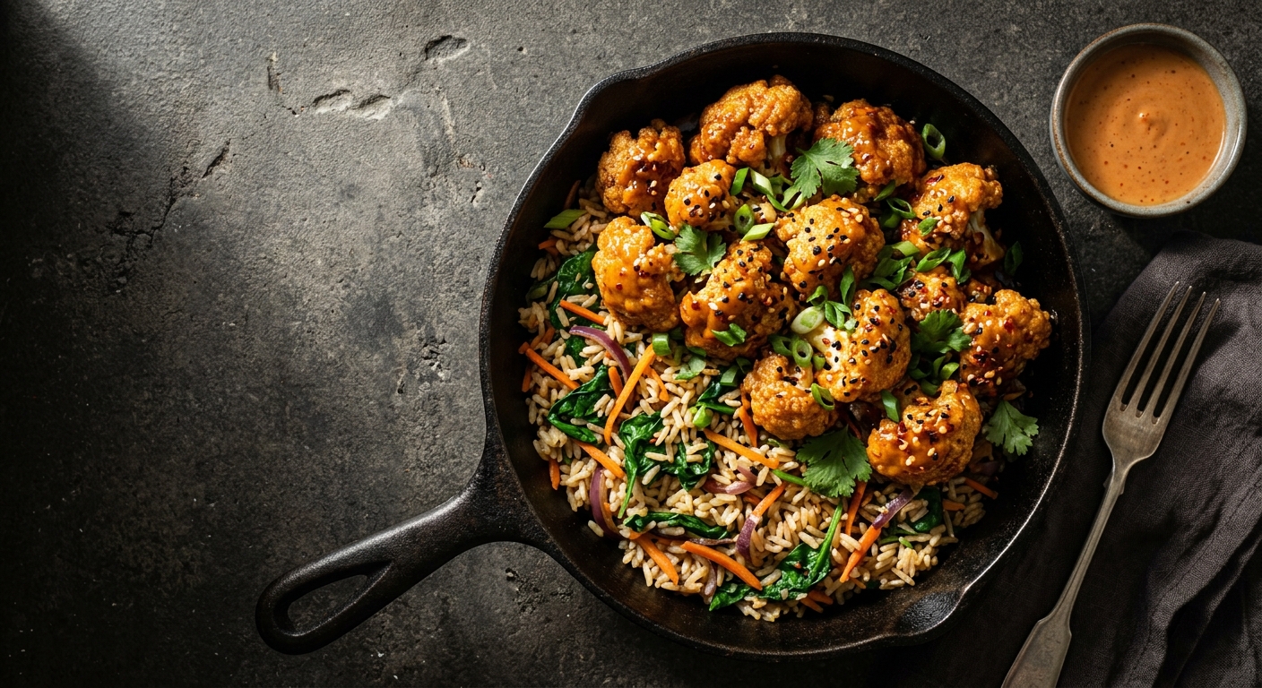 Crispy “bang bang” cauliflower with vegetables and garlic rice