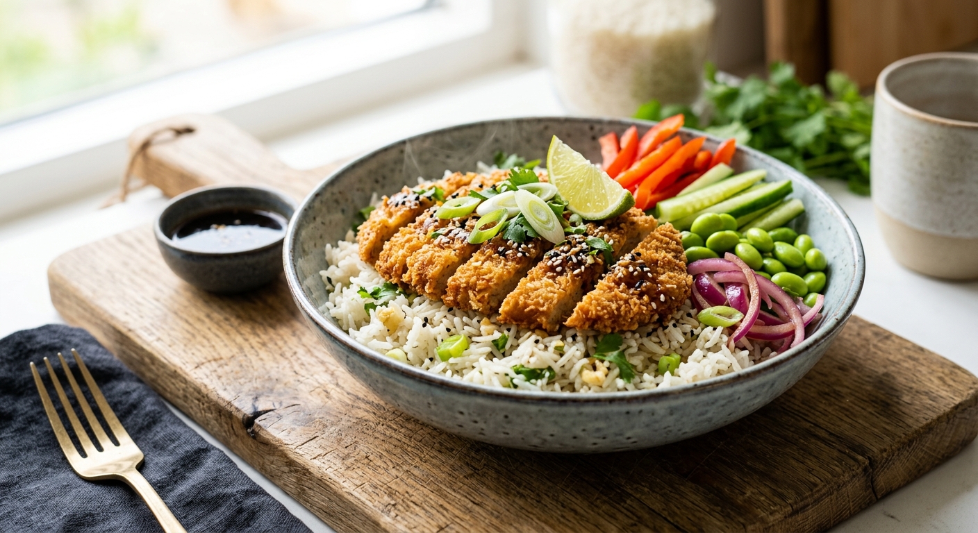 Garlic-Ginger Rice with Vegetarian Schnitzel Strips