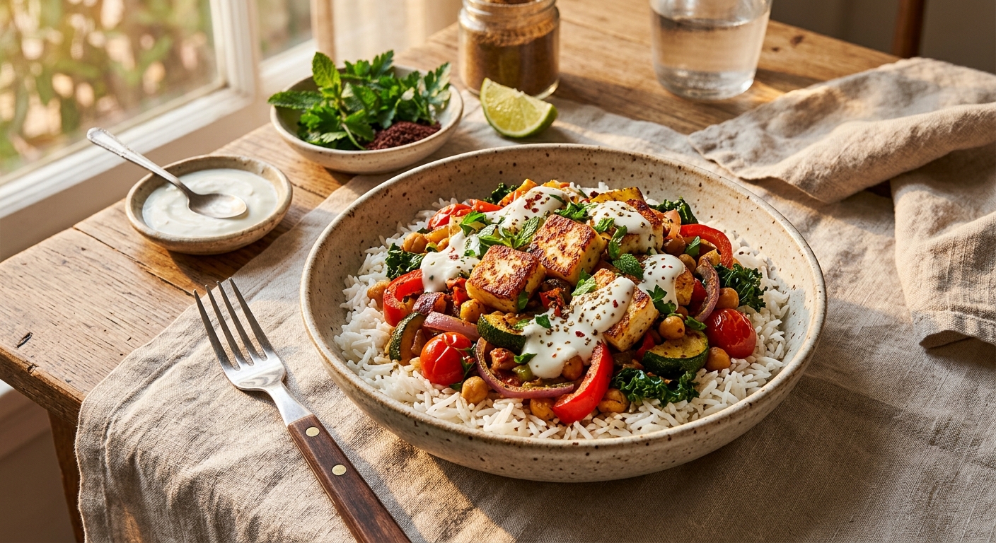 Middle Eastern Spiced Stir-Fry with White Grilling Cheese & Rice