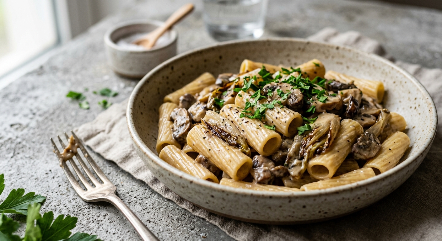 Rigatoni with Creamy Mushroom Sauce and Roasted Witlof