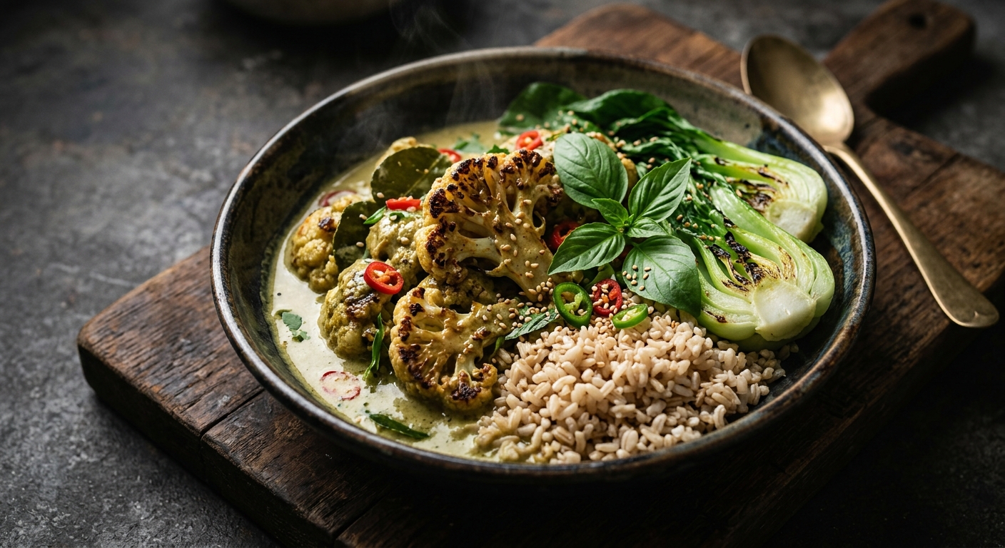 Roasted Cauliflower in Green Curry Sauce with Brown Rice, Bok Choy and Thai Basil
