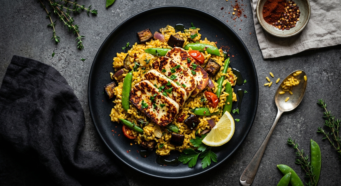 Spanish-Style Vegetable Rice with White Grilling Cheese