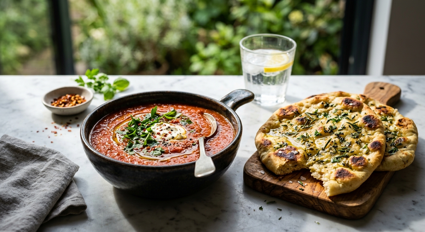 Spicy Tomato Soup with Herbed Flatbreads