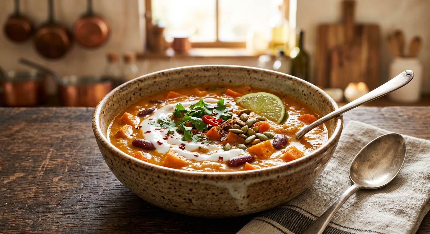 Sweet Potato Soup with Coconut Milk, Lime, Kidney Beans, and Garam Masala