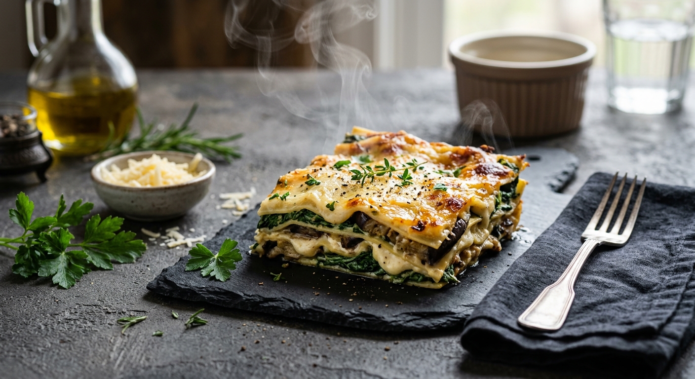 Vegetable Lasagna with Homemade Cream Sauce, Eggplant, Spinach, and Aged Cheese