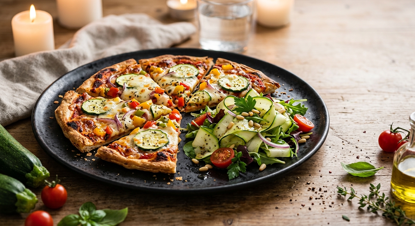 Vegetarian Flammkuchen with Mozzarella and Fresh Zucchini Salad